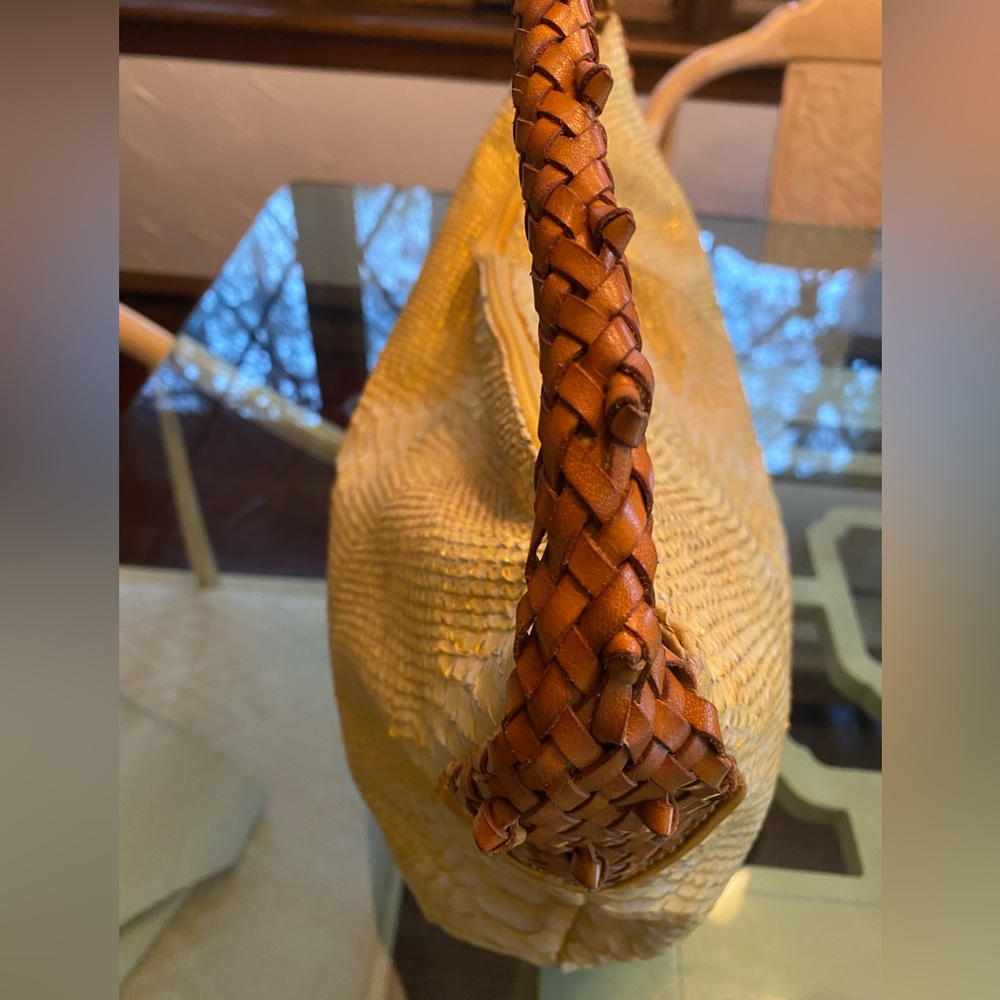 (EUC)PAOLO MASI ITALIAN MADE CORN YELLOW SNAKESKIN BAG UNIQUE BRAIDED HANDEL(EUC